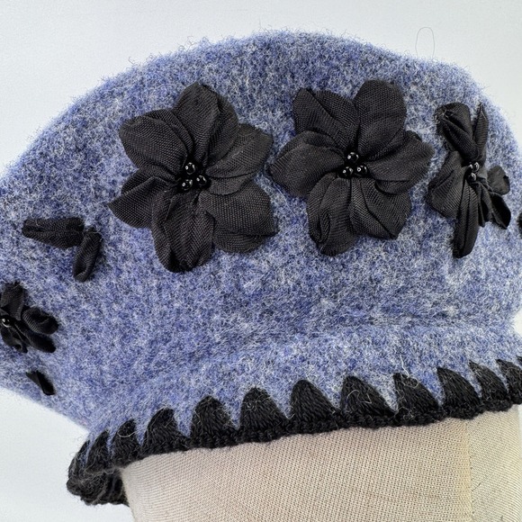 Vintage Louise Green Millinery Wool Embroidered Floral Ribbon Beaded Beret Hat main image 12